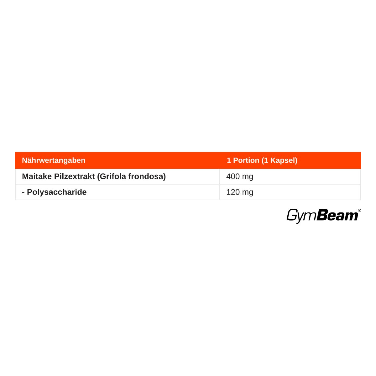 Nährwertangaben für GymBeam Maitake Pilzextrakt: 400 mg Extrakt und 120 mg Polysaccharide pro Kapsel.
