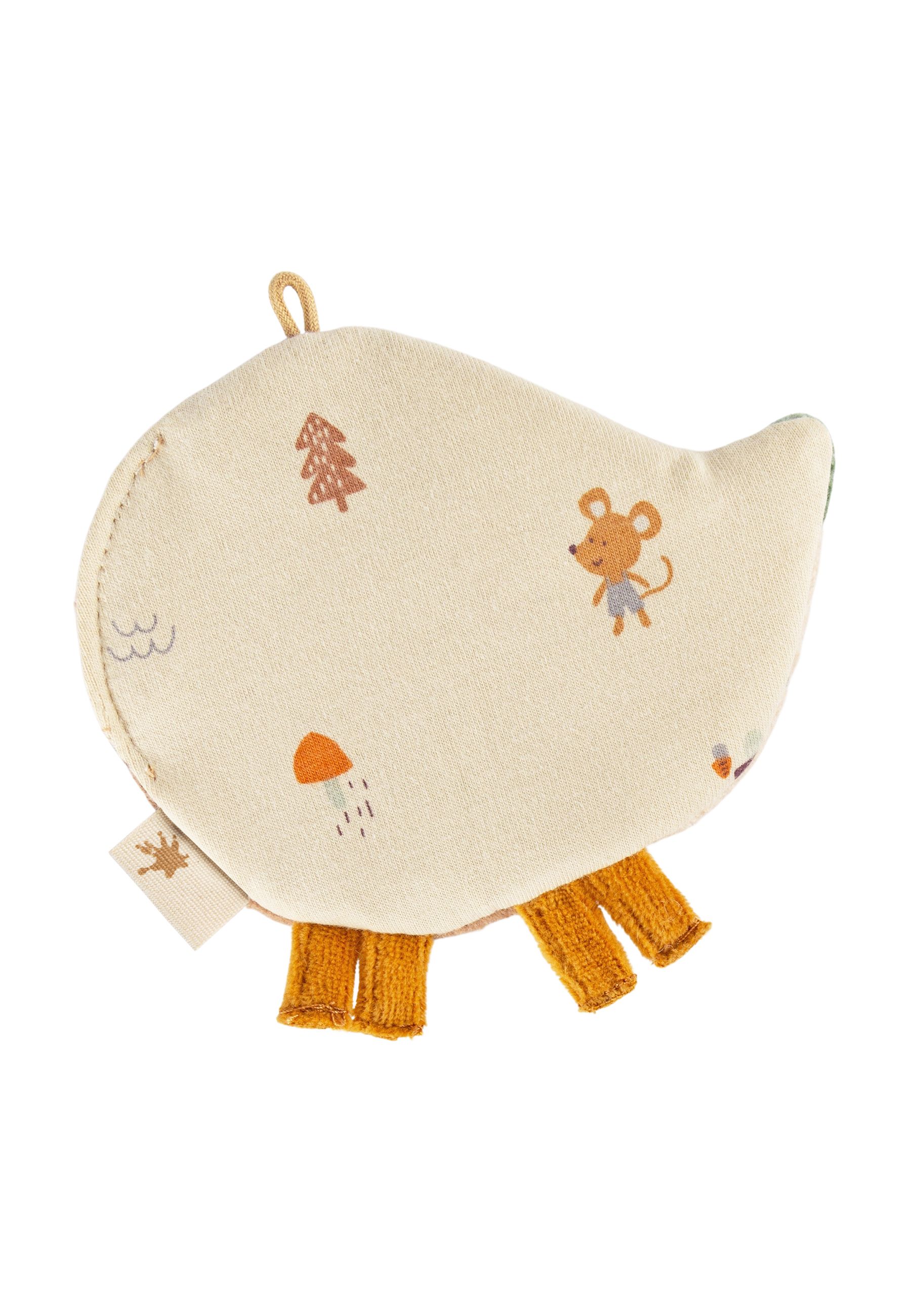 Knistertuch Igel, beige mit Waldmotiven und Maus. Gelbe Beine. Aufhänger. Label.