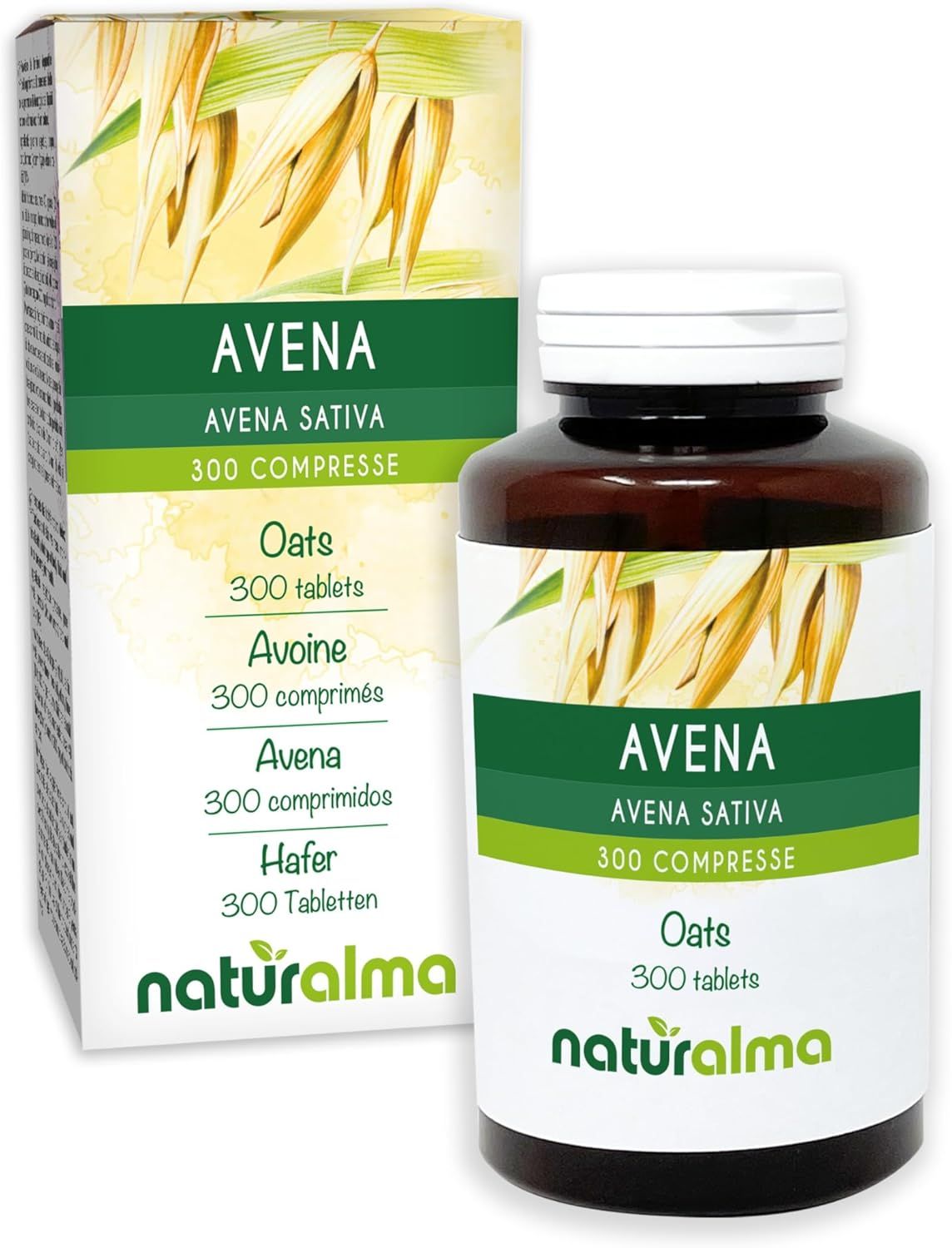 Braune Tablettenflasche und Schachtel. Text: Avena, 300 Tabletten. Naturalma Logo.