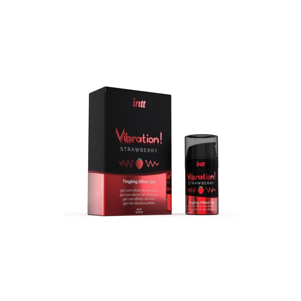 Schwarze Verpackung und Flasche mit roter Schrift. Aufschrift: Vibration! Strawberry, Tingling Effect Gel. Erdbeer-Illustration.