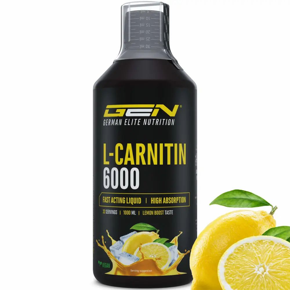 Produktflasche GEN L-Carnitin 6000. Schwarze Flasche mit gelbem Etikett. Enthält Text: Fast Acting Liquid, High Absorption, 22 Servings, 1000 ml, Lemon Boost Taste.