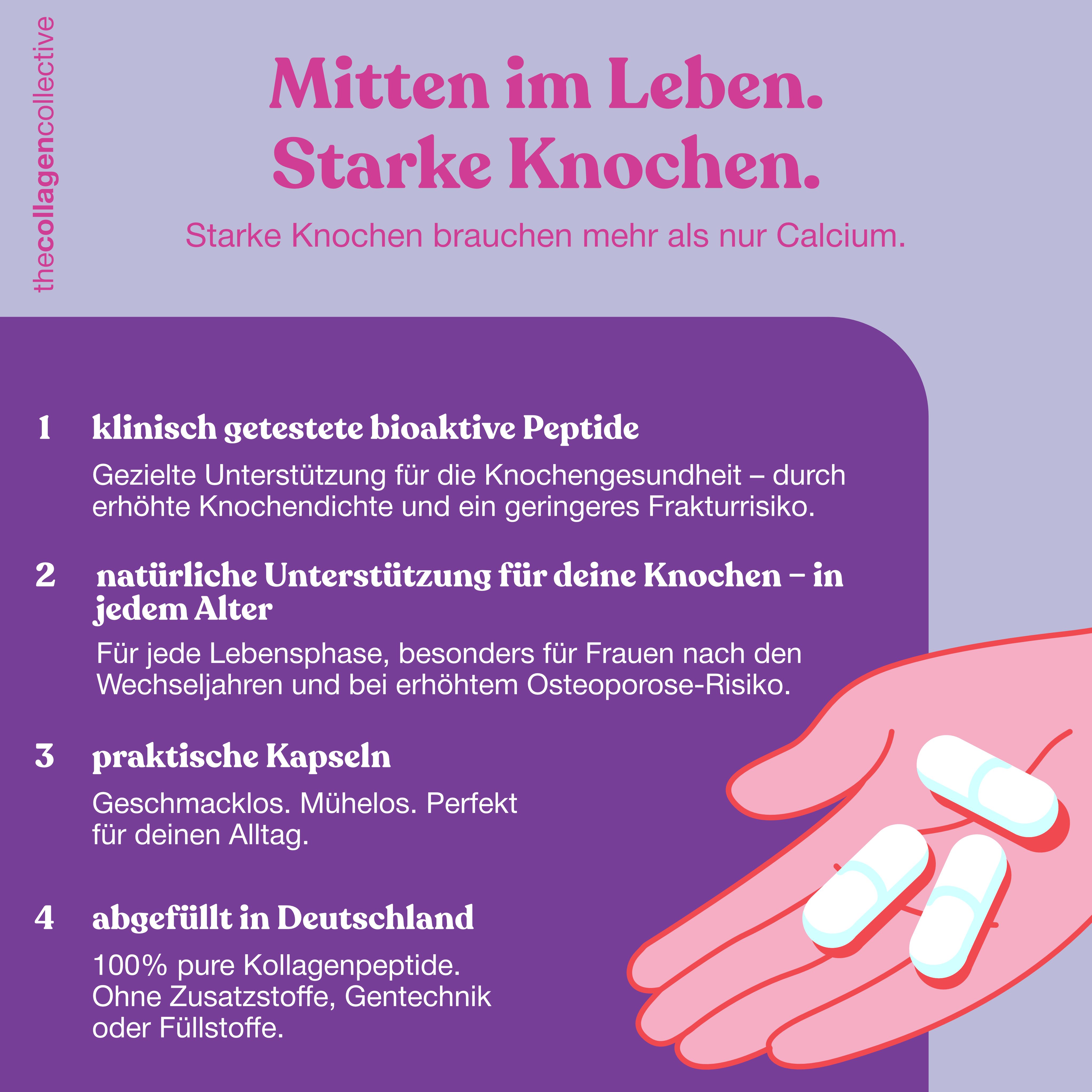 Hand mit drei weißen Kapseln. Text: "klinisch getestete bioaktive Peptide", "natürliche Unterstützung", "praktische Kapseln".