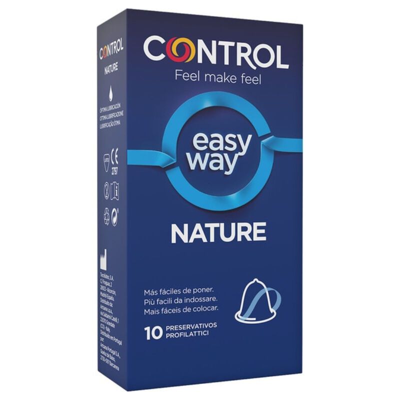 Blau-weiße Schachtel mit Produktnamen CONTROL NATURE EASY WAY. Enthält 10 Kondome. Logos und Text in mehreren Sprachen.