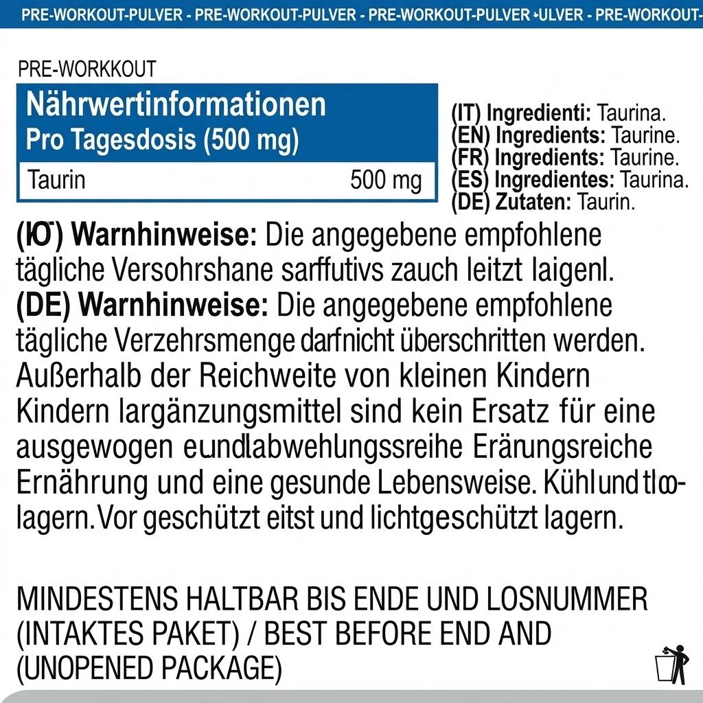 Nährwertinformationen für Taurin, 500mg pro Tagesdosis.