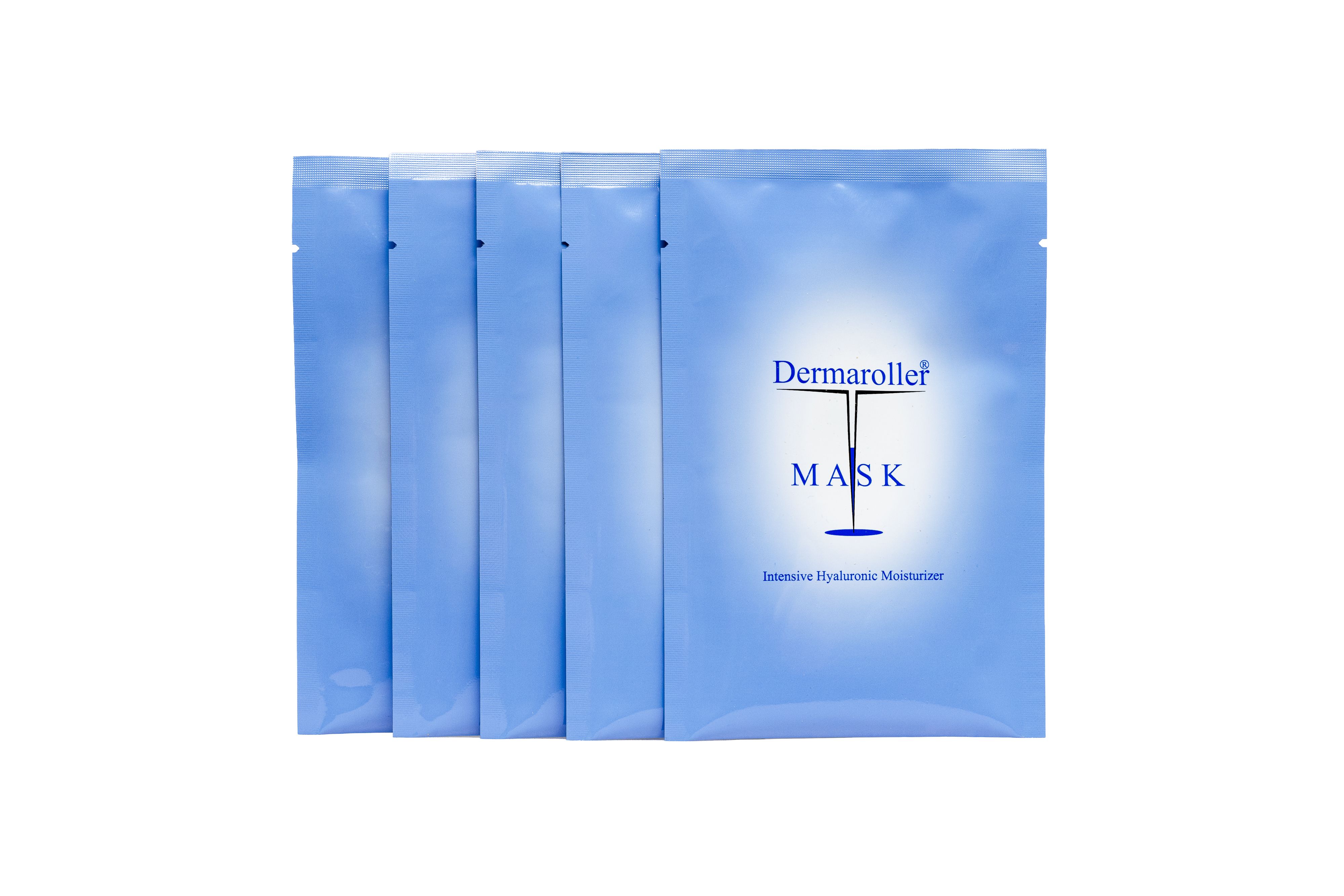 Fünf einzeln verpackte Dermaroller Masken in blauen Beuteln.