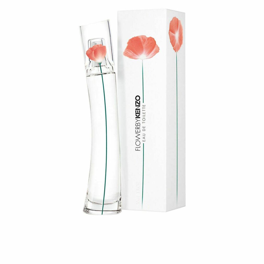 Kenzo Flower Eau de Toilette. Flakon und Verpackung mit roter Blume. Weißer Hintergrund.