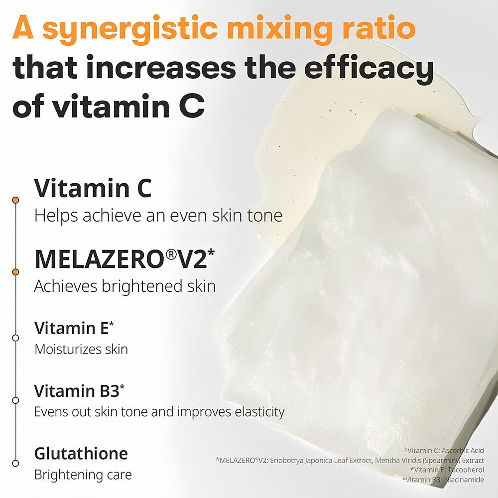 Nahaufnahme von Inhaltsstoffen. Text: Vitamin C, Melazero V2, Vitamin E, Vitamin B3, Glutathion. Auf weißem Hintergrund.