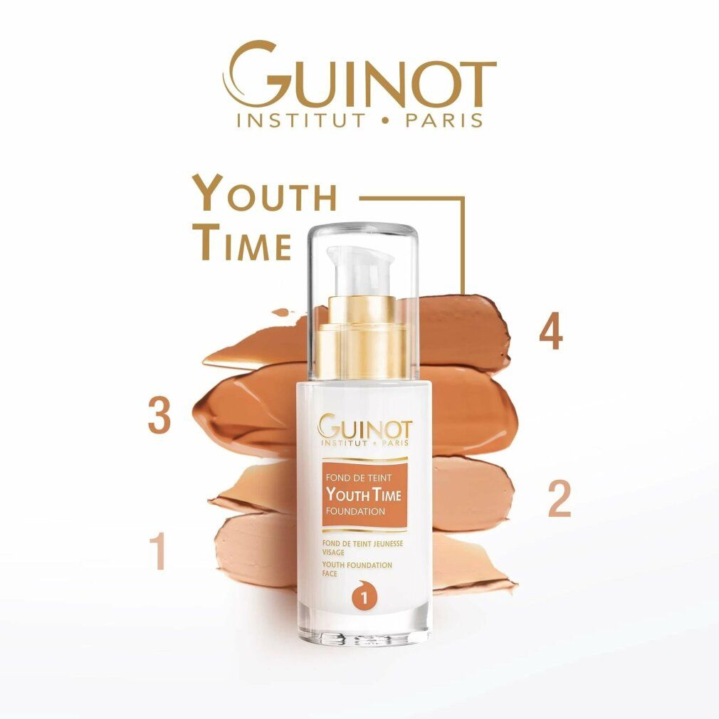 Guinot Youth Time Foundation Nr. 1, Flasche mit Farbproben. Aufschrift: Youth Time Foundation, Nr. 1.