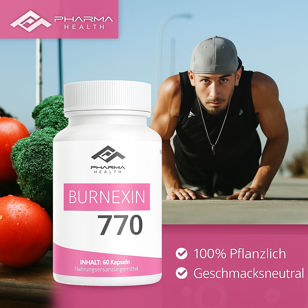 Weiße Kapsel-Dose mit rosa Etikett. Aufschrift: BURNEXIN 770, Pharma Health Logo. Mann im Hintergrund, Gemüse.