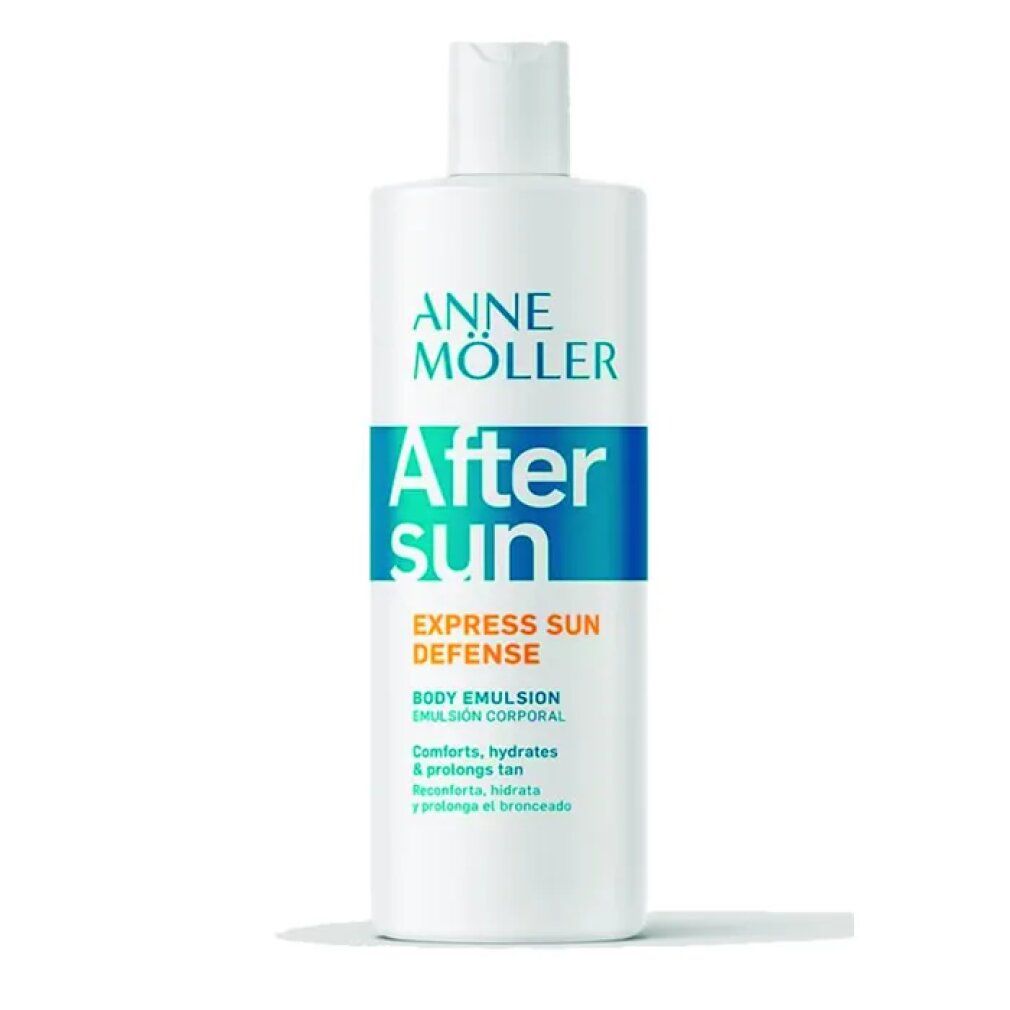 Weiße Flasche mit blau-orangener Beschriftung. Aufschrift: Anne Möller After Sun Express Sun Defense Body Emulsion.