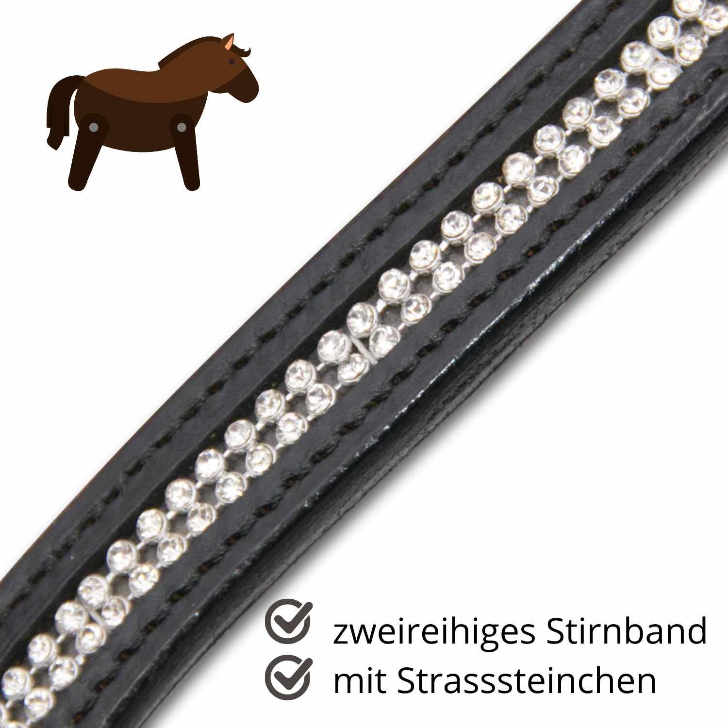 Nahaufnahme eines schwarzen Stirnbandes mit doppelreihigen Strasssteinen. Text: zweireihiges Stirnband mit Strasssteinchen.
