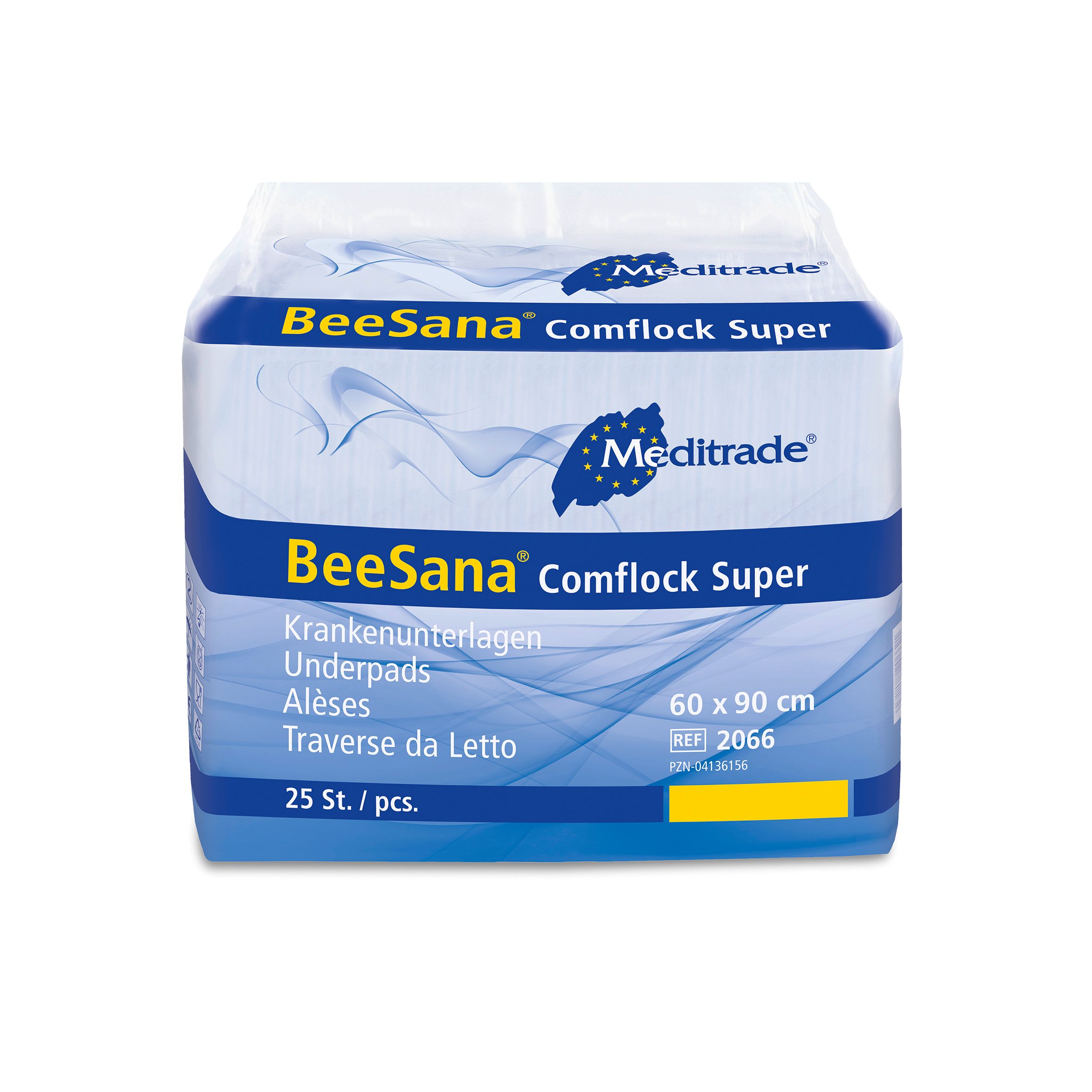 Verpackung mit BeeSana Comflock Super Krankenunterlagen. Blaue und weiße Verpackung mit Produktnamen und Größenangabe 60x90 cm.