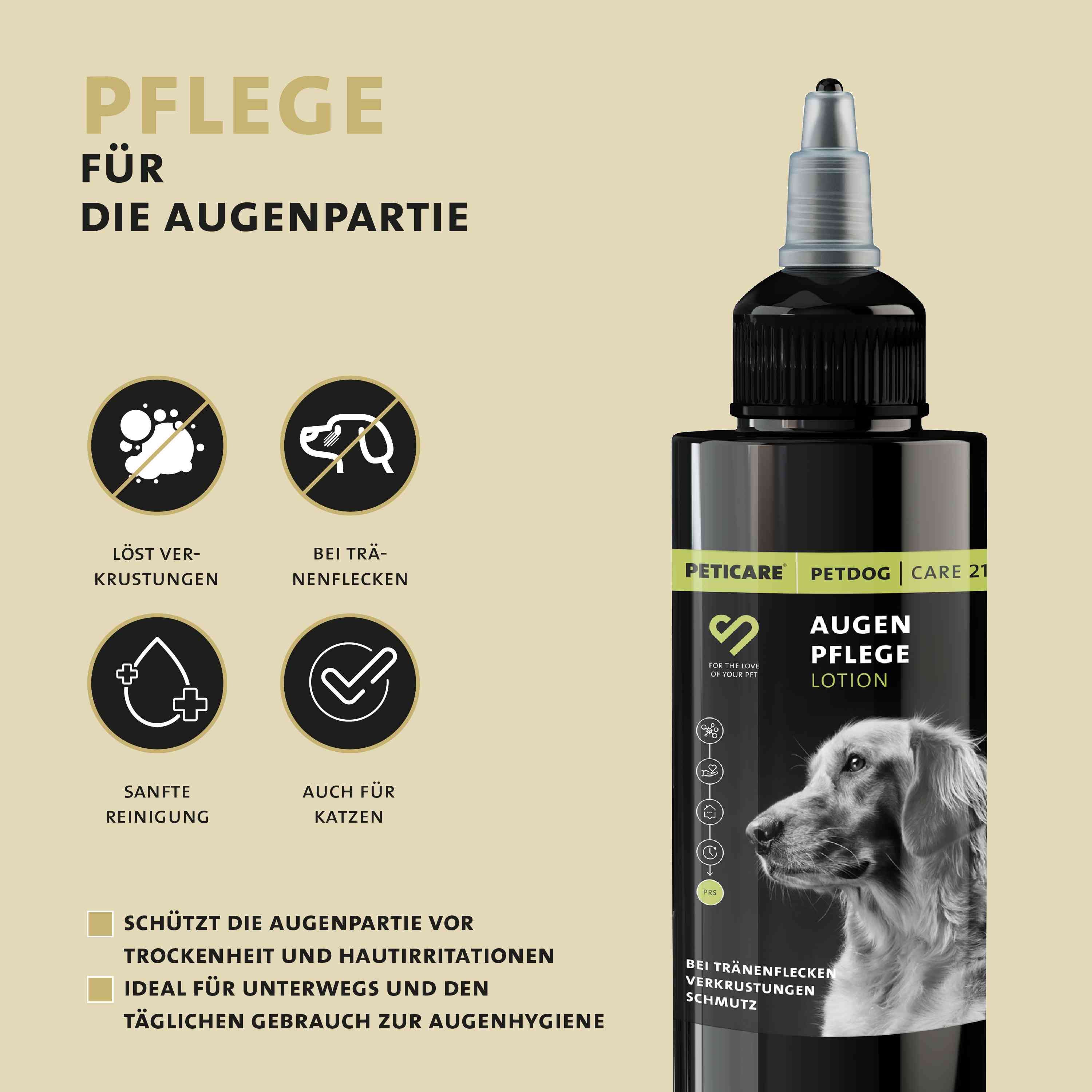 Peticare Augenpflege Lotion. Text: Pflege für die Augenpartie. Für Katzen geeignet.