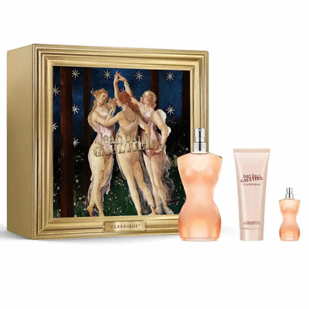 Geschenkset mit Parfümflasche, Miniatur und Körperlotion. Verpackung mit Gemälde. Flaschenform: weiblicher Torso. Aufschrift: Classique.
