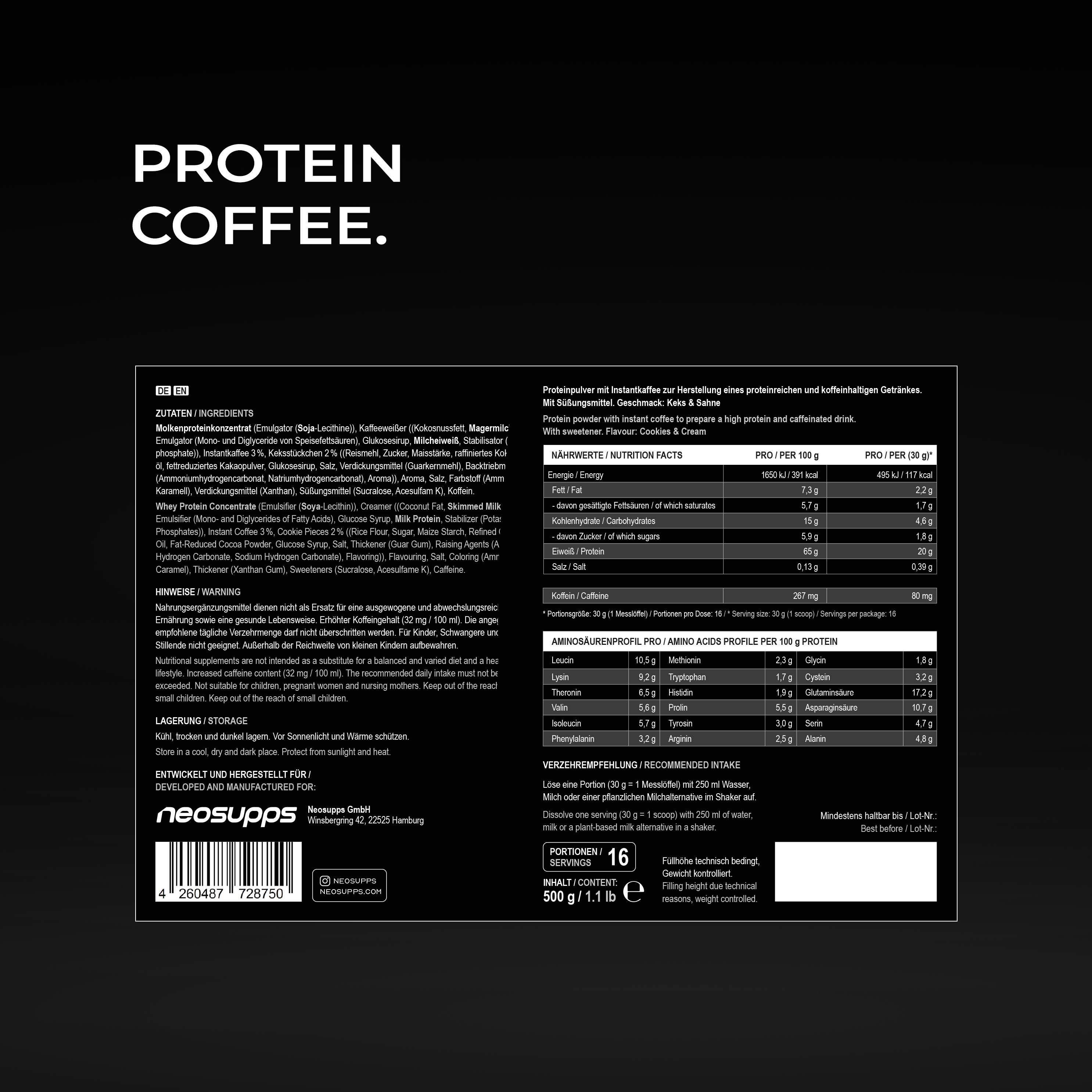 Neosupps Protein Coffee Cookies & Cream, 500g, Proteinpulver mit Kaffee, Proteinshake