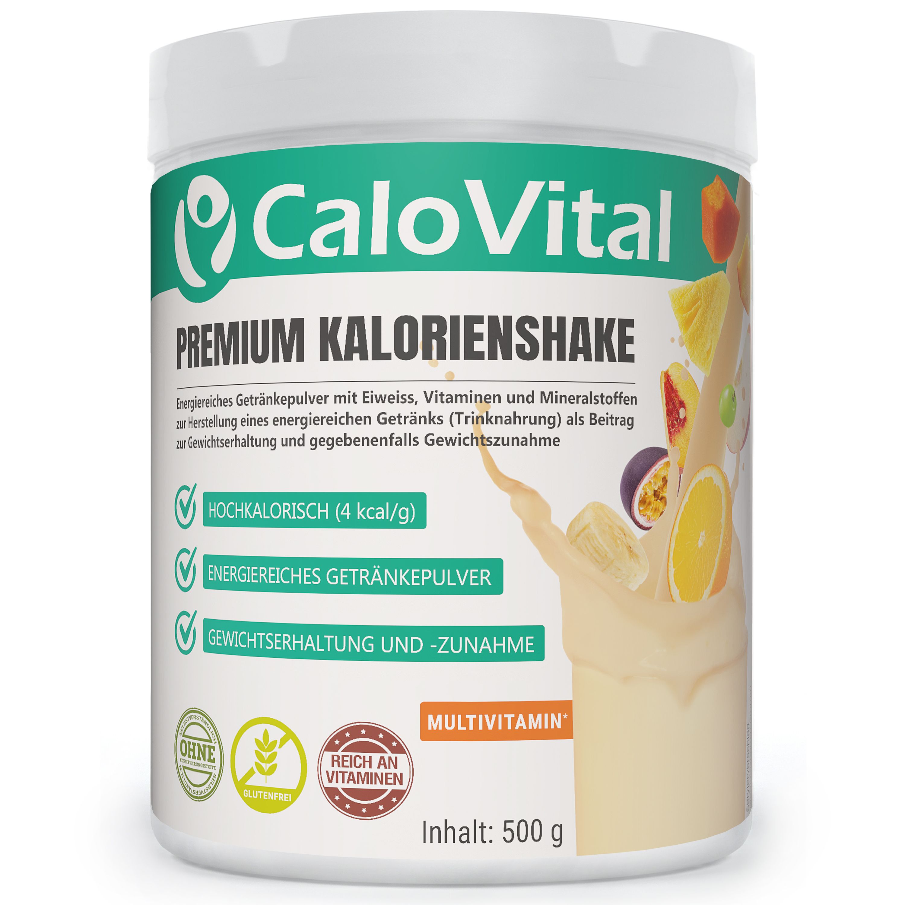 Weiße Dose CaloVital Premium Kalorienshake. Grün-weiße Aufschrift. Früchte und Shake fließen aus der Dose. Enthält 500g.