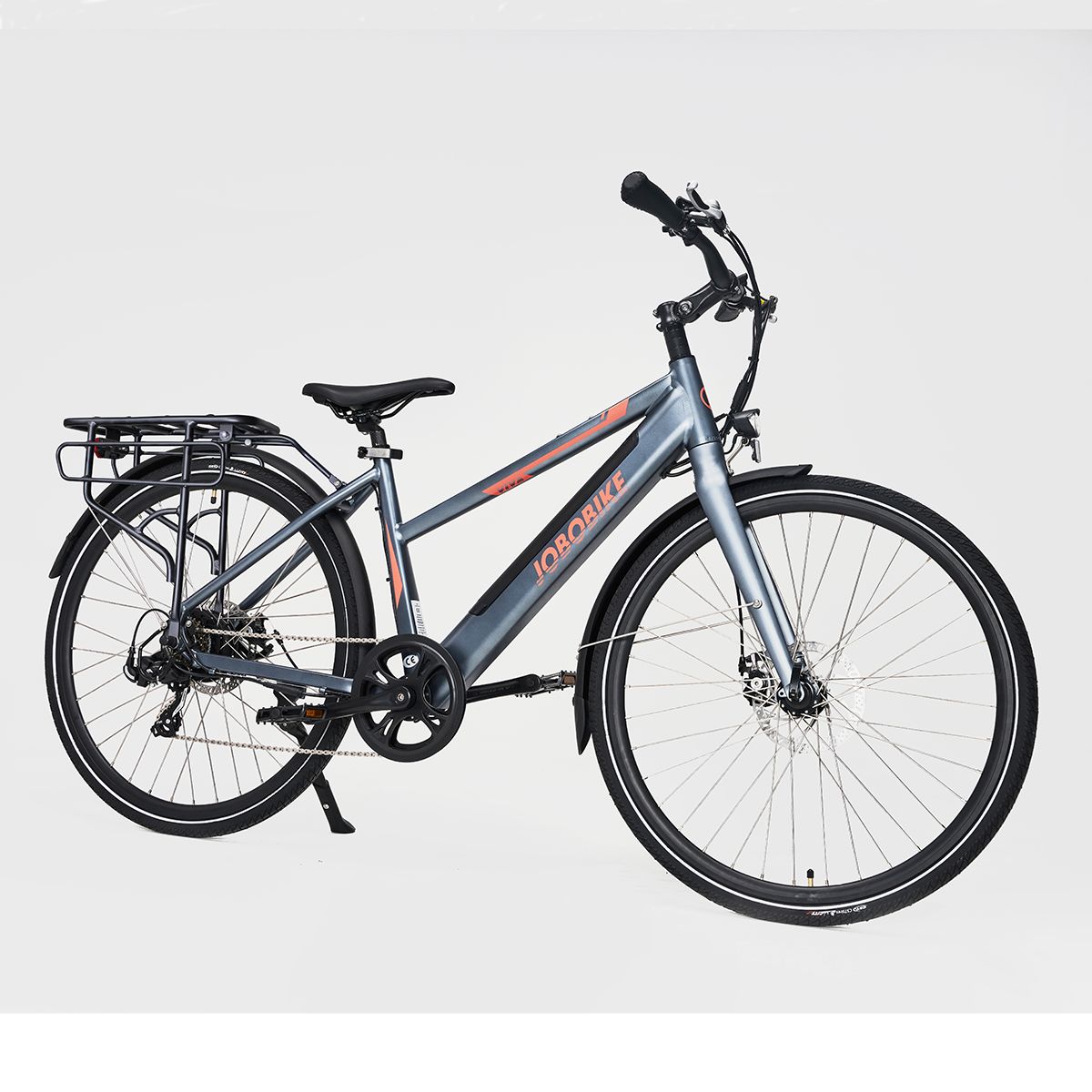 Graues E-Bike JOBOBIKE Viva ST. Gepäckträger, Schutzbleche, schwarze Reifen. JOBOBIKE-Logo am Rahmen.