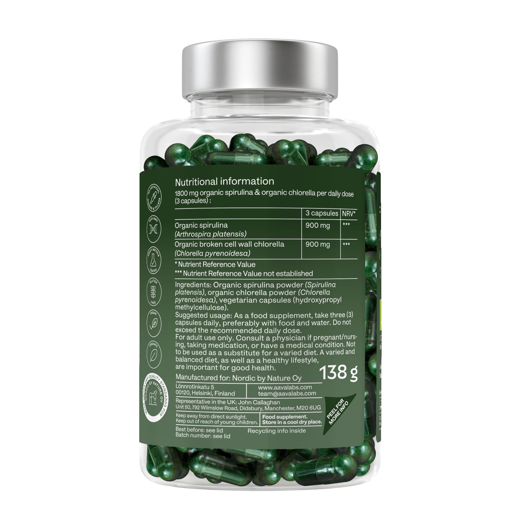 Rückseite der Flasche mit grünen Kapseln. Text: Nährwertangaben, Inhaltsstoffe, Hersteller. Gewicht: 138g.