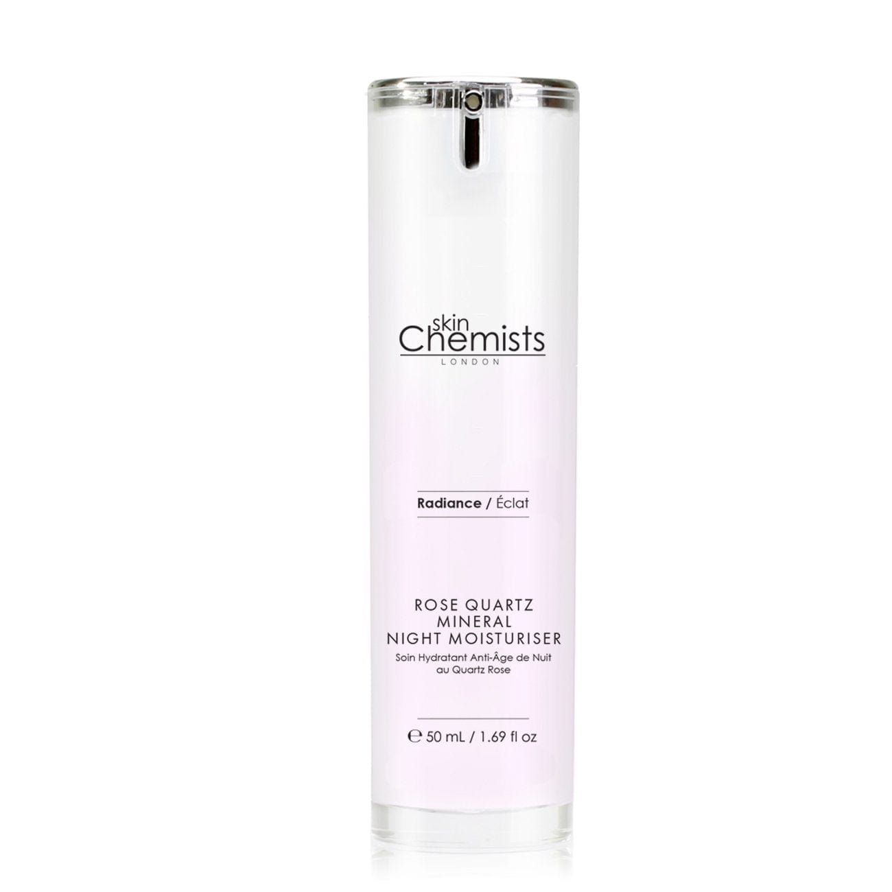 Weiße Flasche mit silbernem Deckel. Aufschrift: skinChemists London, Rose Quartz Mineral Night Moisturiser. Volumen: 50 ml.
