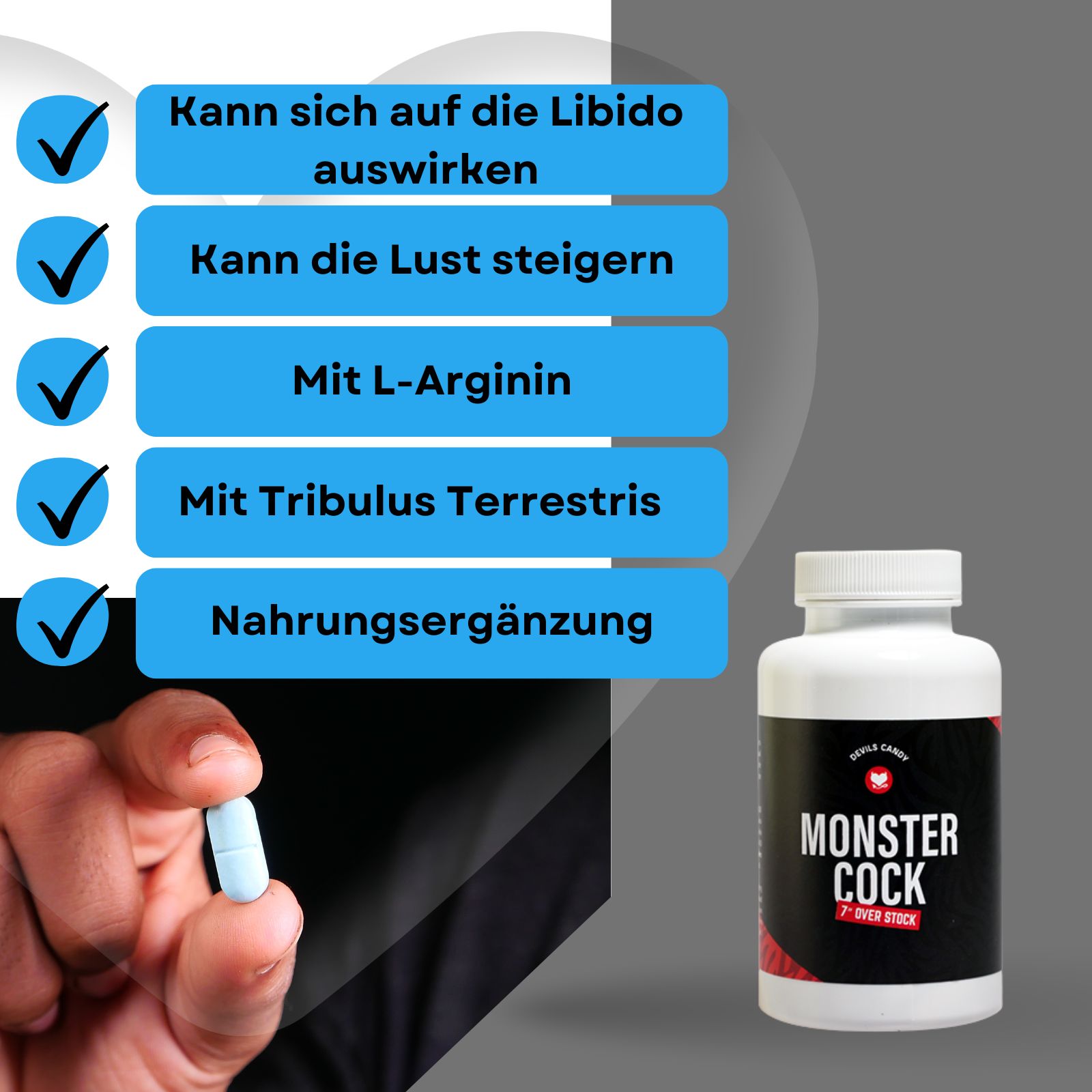 Weiße Flasche mit MONSTER COCK. Text: 7" OVER STOCK. 60 Tabs, 65.3 grams. Marke: DEVILS CANDY.
