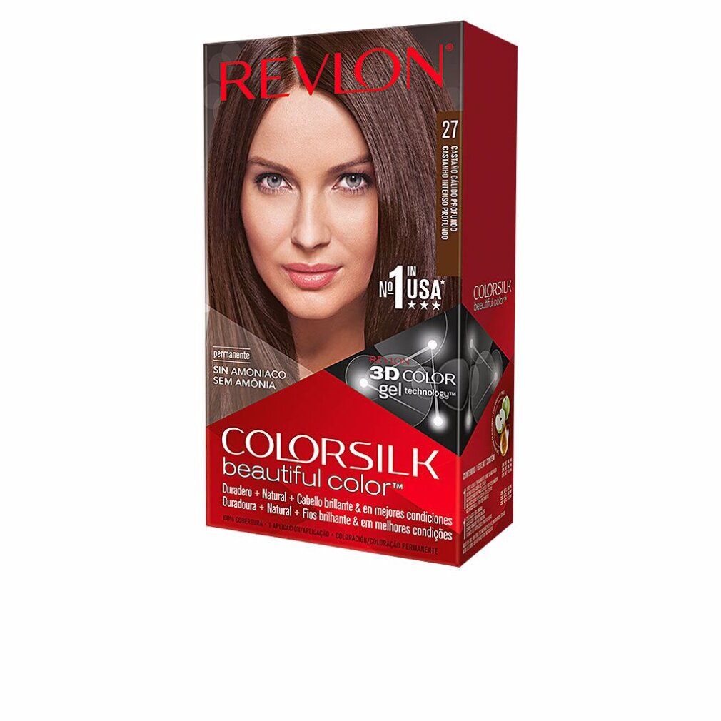Haarfärbemittel-Verpackung. Revlon Colorsilk, Farbton 27. Frau mit braunem Haar auf der Verpackung. Text: Ohne Ammoniak, 3D Color Gel Technology.