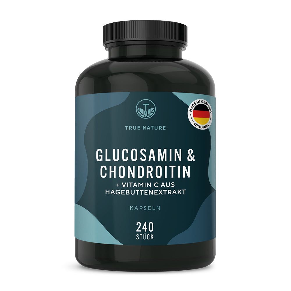 Dunkle Kapsel mit blauem Etikett: Glucosamin & Chondroitin, Vitamin C aus Hagebutte, 240 Stück.