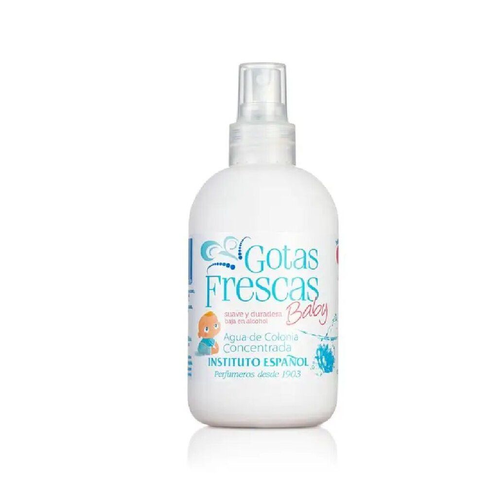 Weiße Flasche mit Sprühkopf. Aufschrift: Gotas Frescas Baby, Agua de Colonia Concentrada. INSTITUTO ESPAÑOL.
