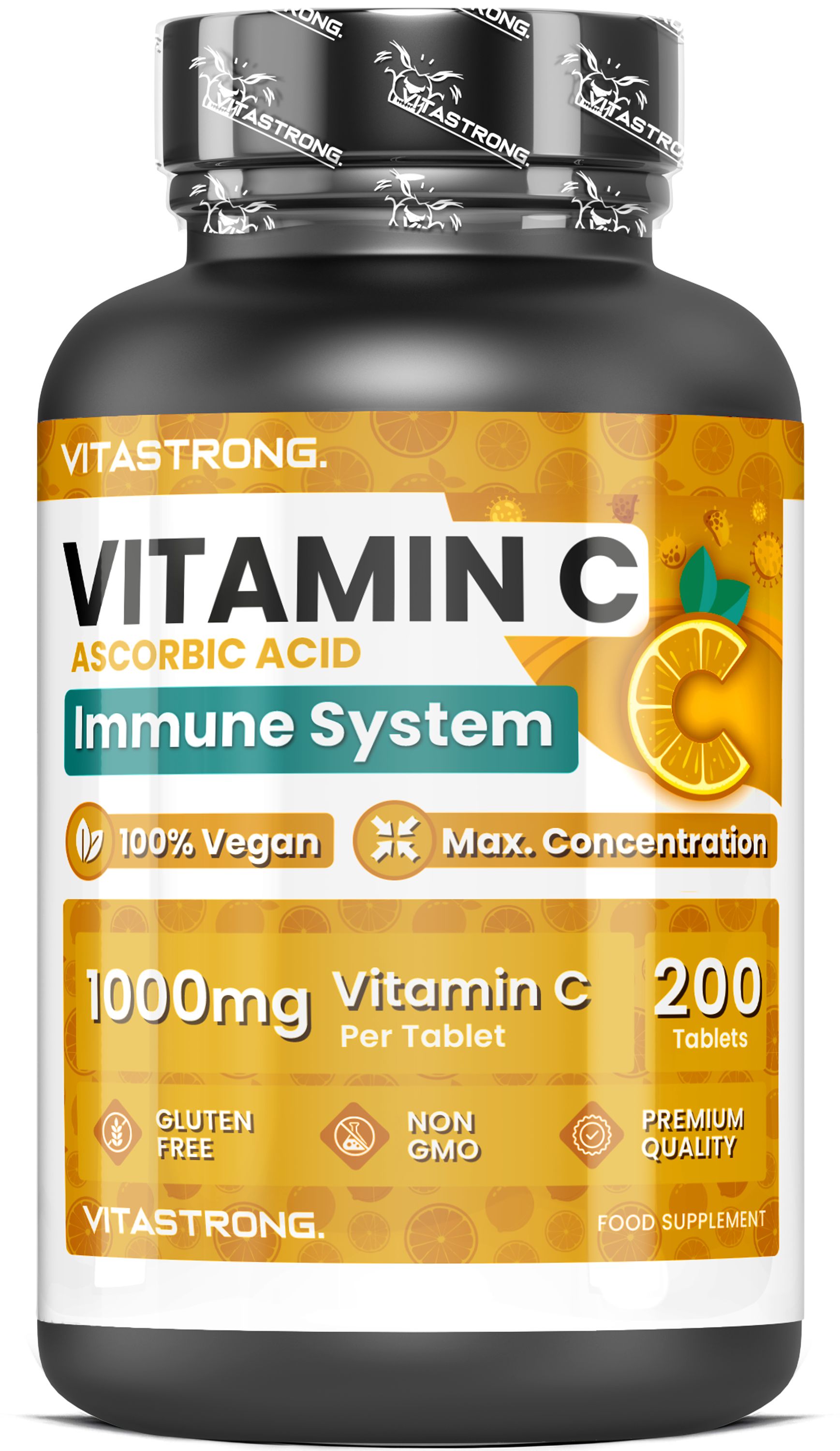 Vitastrong Vitamin C Flasche. 100% Vegan, Max. Konzentration, 1000mg, 200 Tabletten.