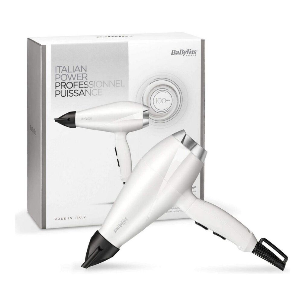 Verpackung und Haartrockner. Aufschrift: Italian Power Professionnel Puissance. Marke BaByliss. Modell Power Pro 2000. Hergestellt in Italien.