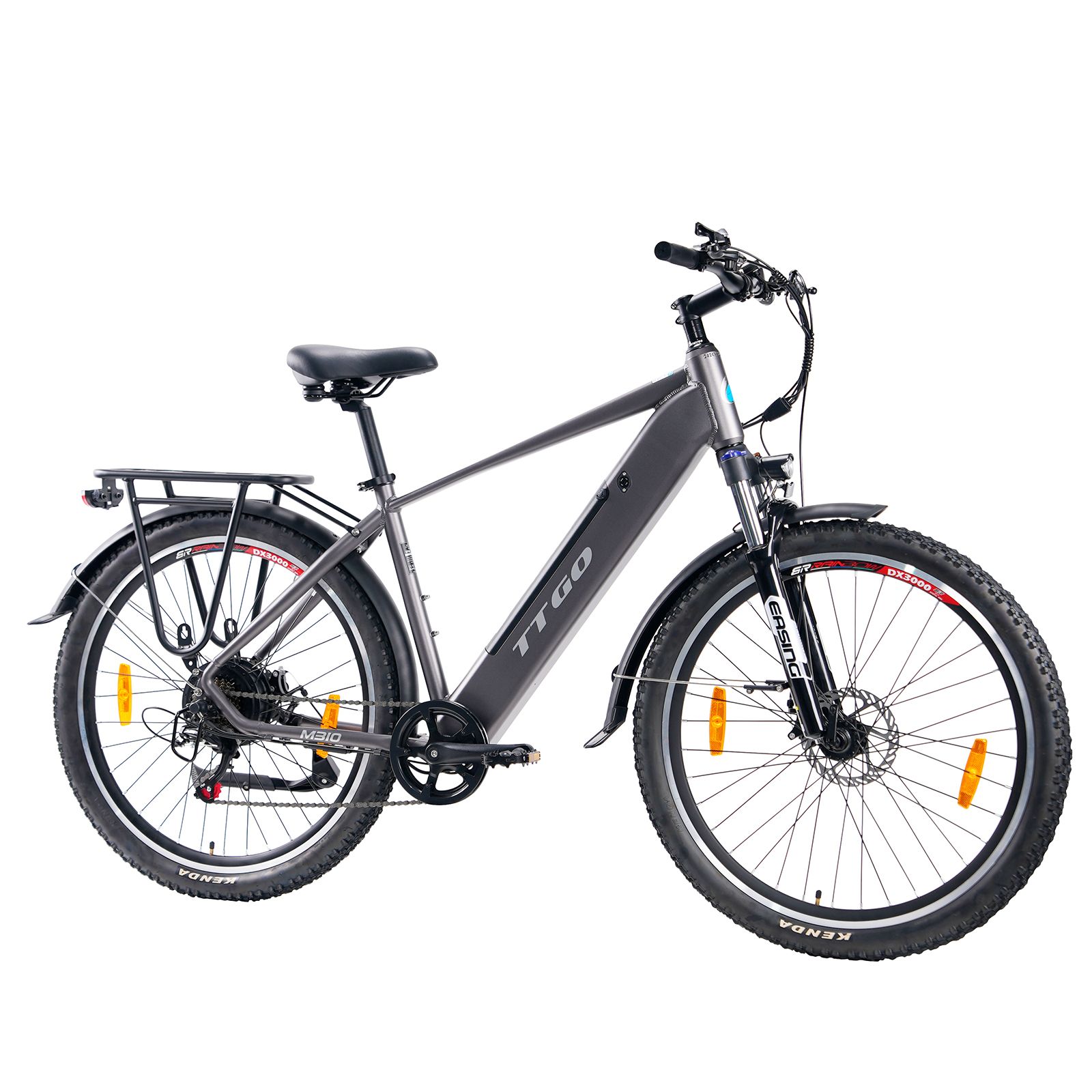 Graues E-Bike mit Gepäckträger und Schutzblechen. Auf dem Rahmen steht TTGO. Schwarze Reifen mit orangefarbenen Reflektoren.