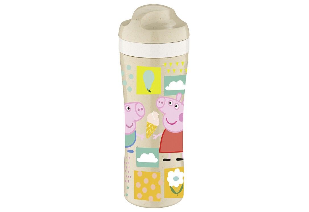 Trinkflasche mit Peppa Wutz-Motiv. Beige-farbener Deckel und weißer Ring. Auf dem Becher sind Peppa Wutz und Eis abgebildet.