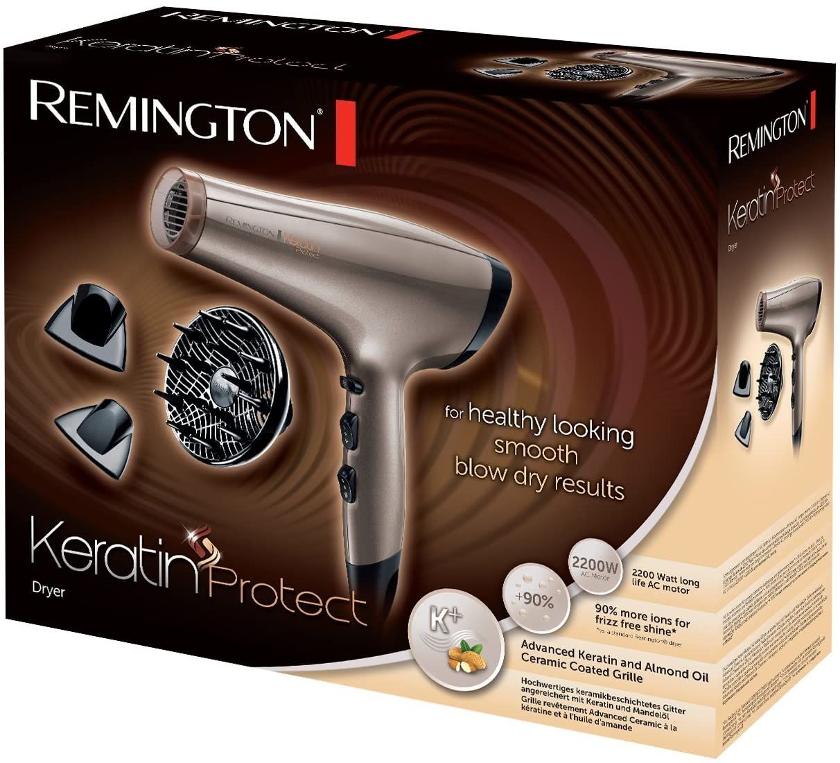 Verpackung des Haartrockners. Haartrockner, Diffusor und Aufsätze abgebildet. Text: 'Remington Keratin Protect'.