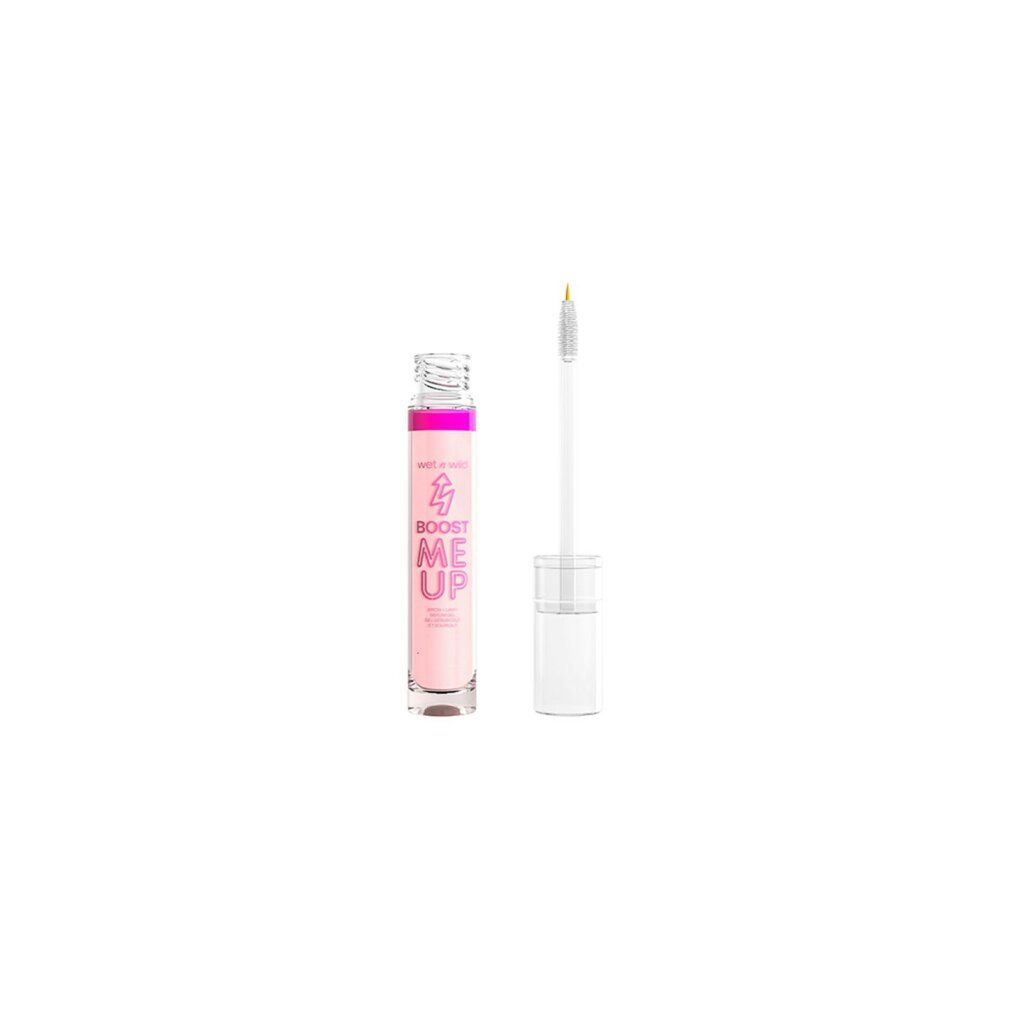 Transparentes Serum mit Bürste. Flasche mit pinkfarbenem Deckel und Schriftzug "BOOST ME UP".