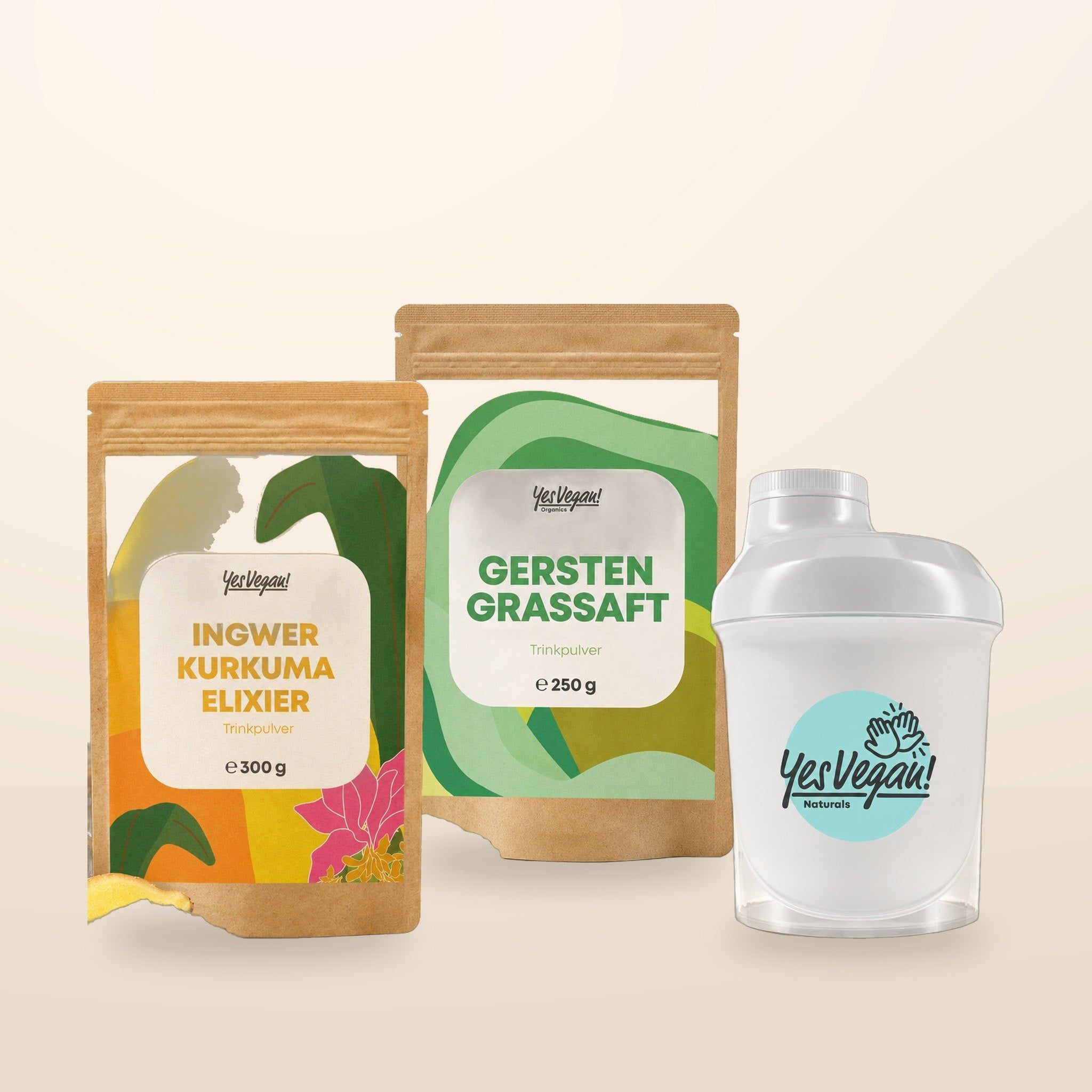 Flasche Spermidin von Yes Vegan! mit Vitamin B12 und C, umgeben von Icons zu Wirkungen.