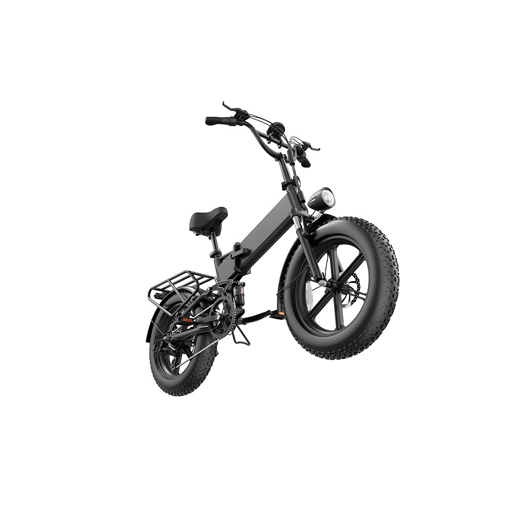 Schwarzes Elektrofahrrad mit breiten Reifen, Gepäckträger und Scheinwerfer. Seitenansicht, leicht von unten.