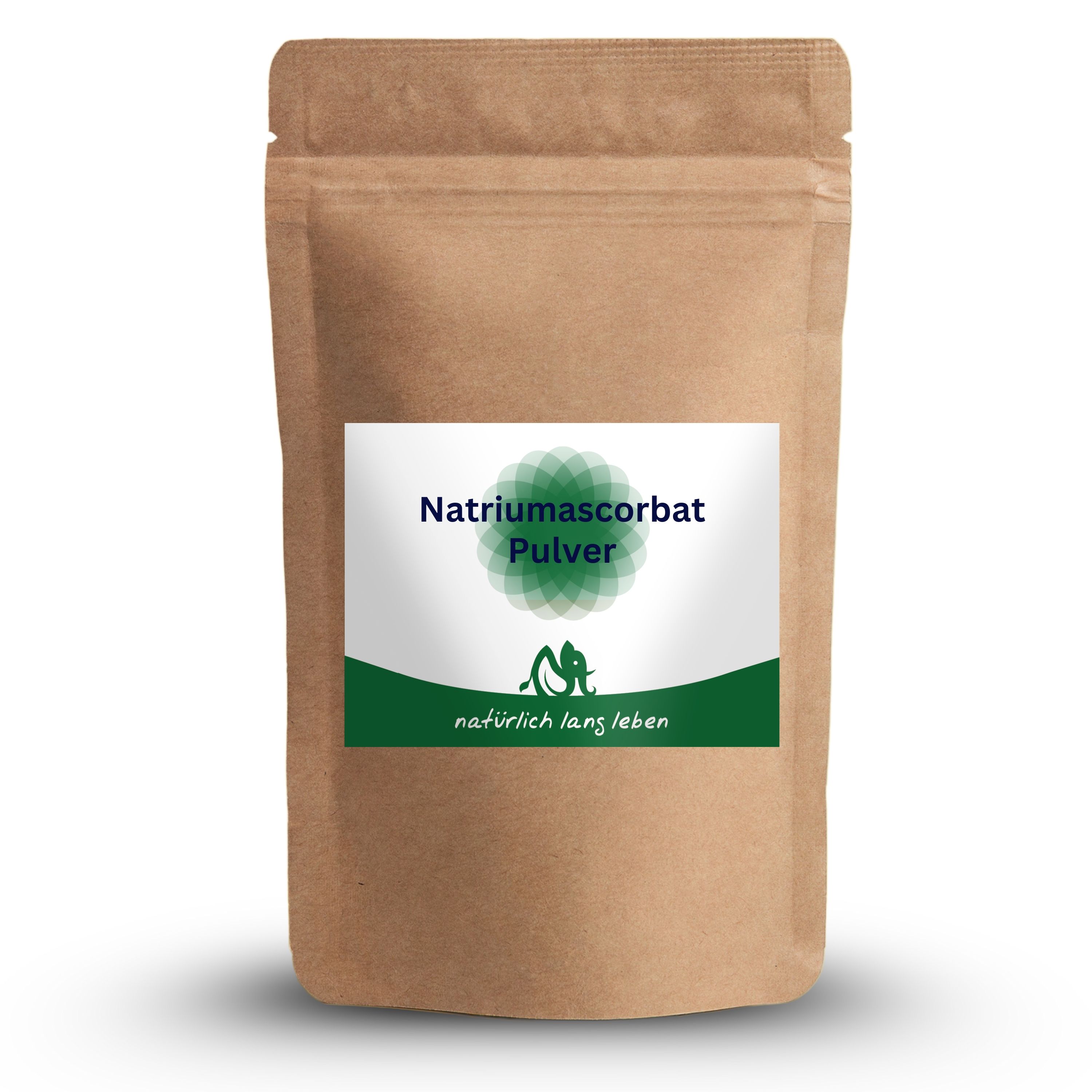Beutel mit weißem Etikett. Aufschrift: Natriumascorbat Pulver, natürlich lang leben. Braune Verpackung.