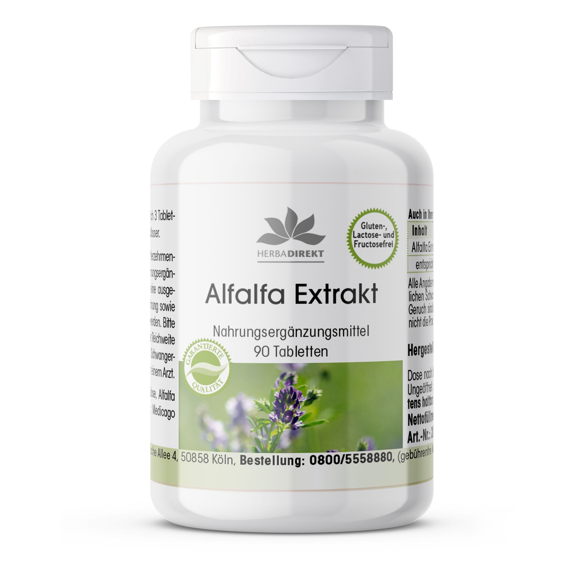 Weiße Tablettenflasche mit Aufschrift Alfalfa Extrakt. Enthält 90 Tabletten. Marke: HerbaDirekt. Gluten-, Laktose- und Fructosefrei.