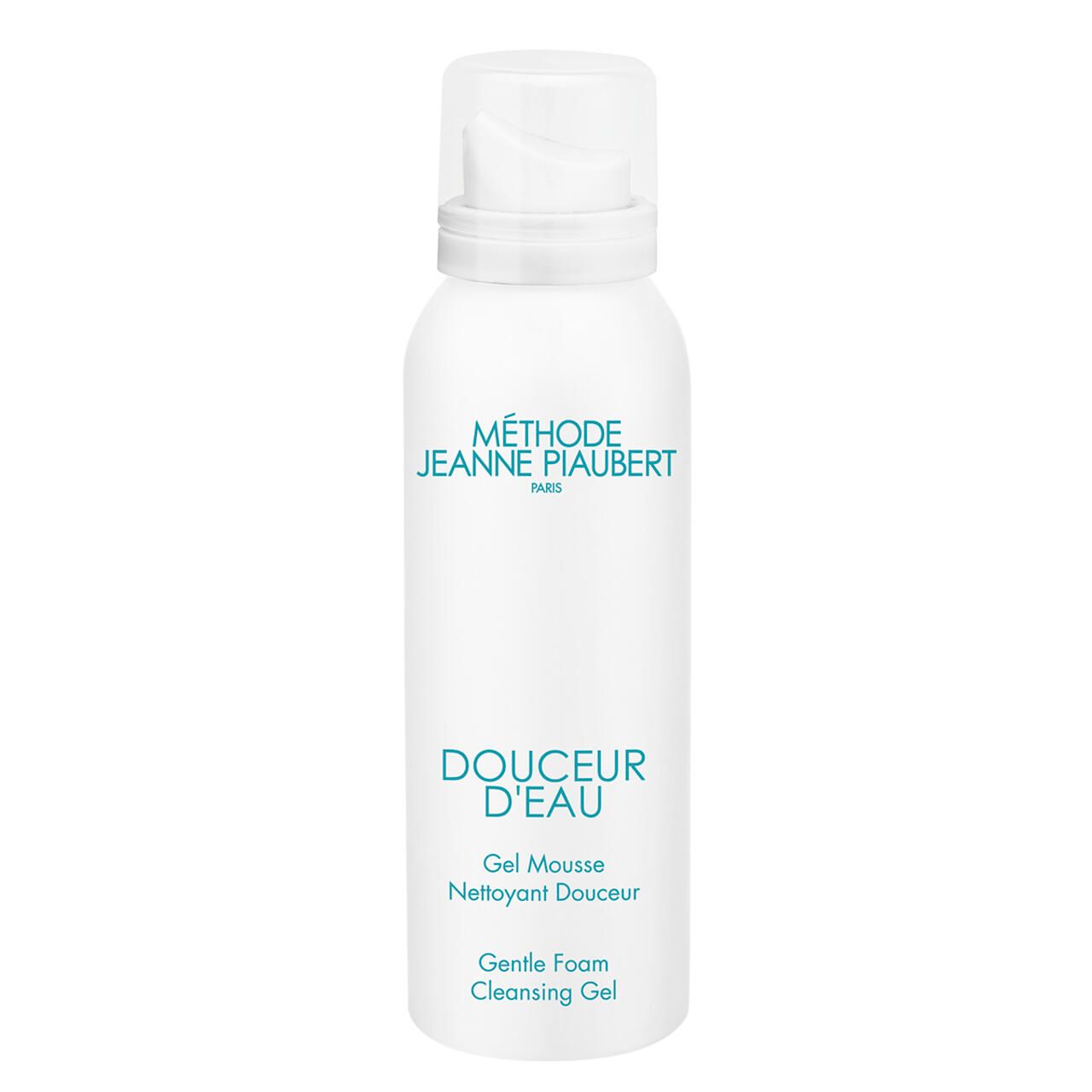 Weiße Flasche mit Sprühkopf. Aufschrift: Methode Jeanne Piaubert, Douceur d'Eau, Gel Mousse, Gentle Foam Cleansing Gel.