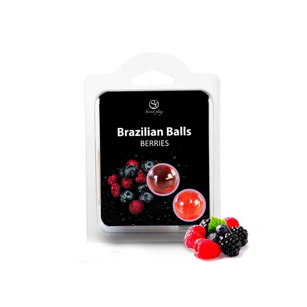 Verpackung mit zwei runden, roten Kugeln und Beerenmotiv. Produktname: Brazilian Balls Berries.