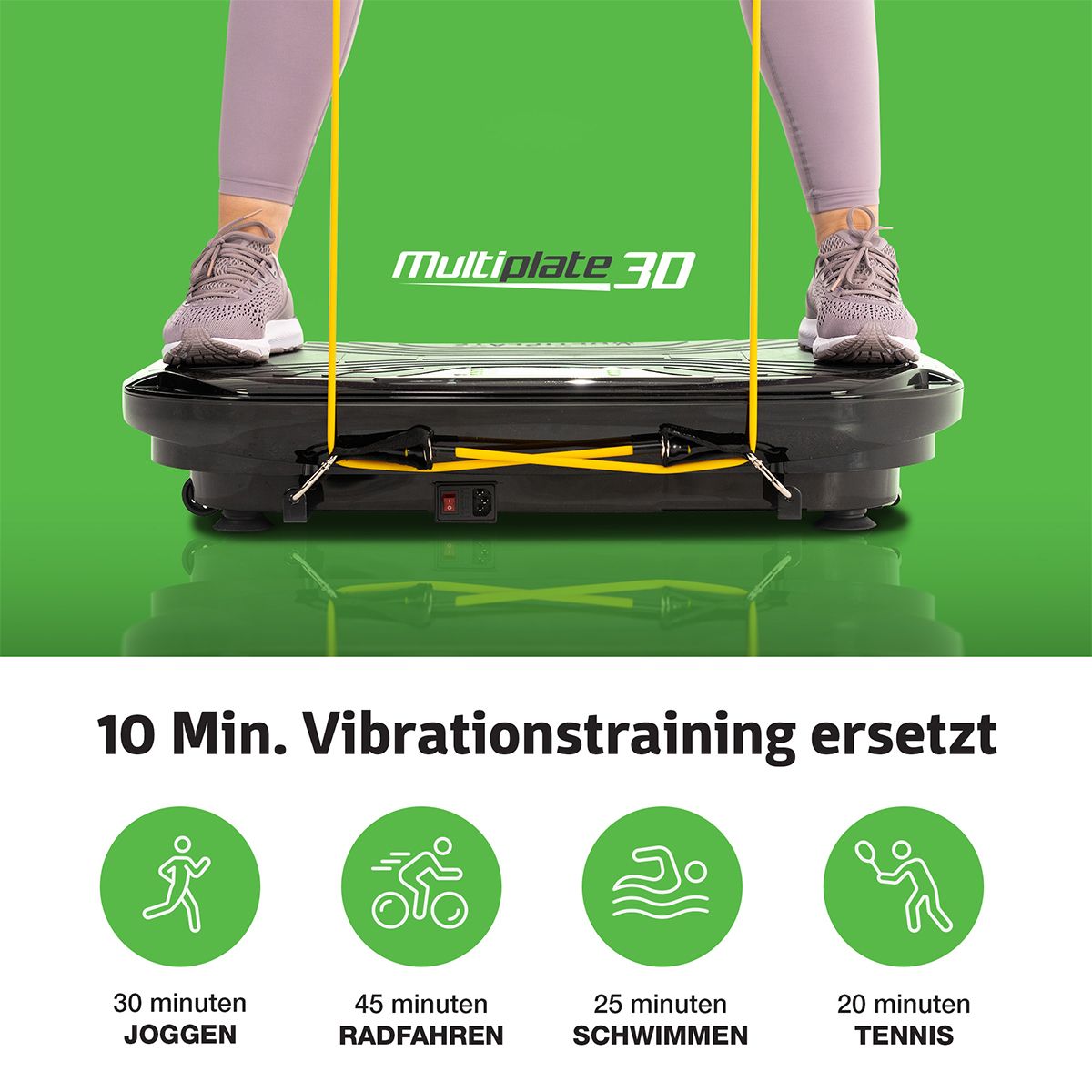 Person steht auf einer Vibrationsplatte. Text: "MULTIPLATE 30". Grafiken vergleichen Training mit Joggen, Radfahren, Schwimmen, Tennis.