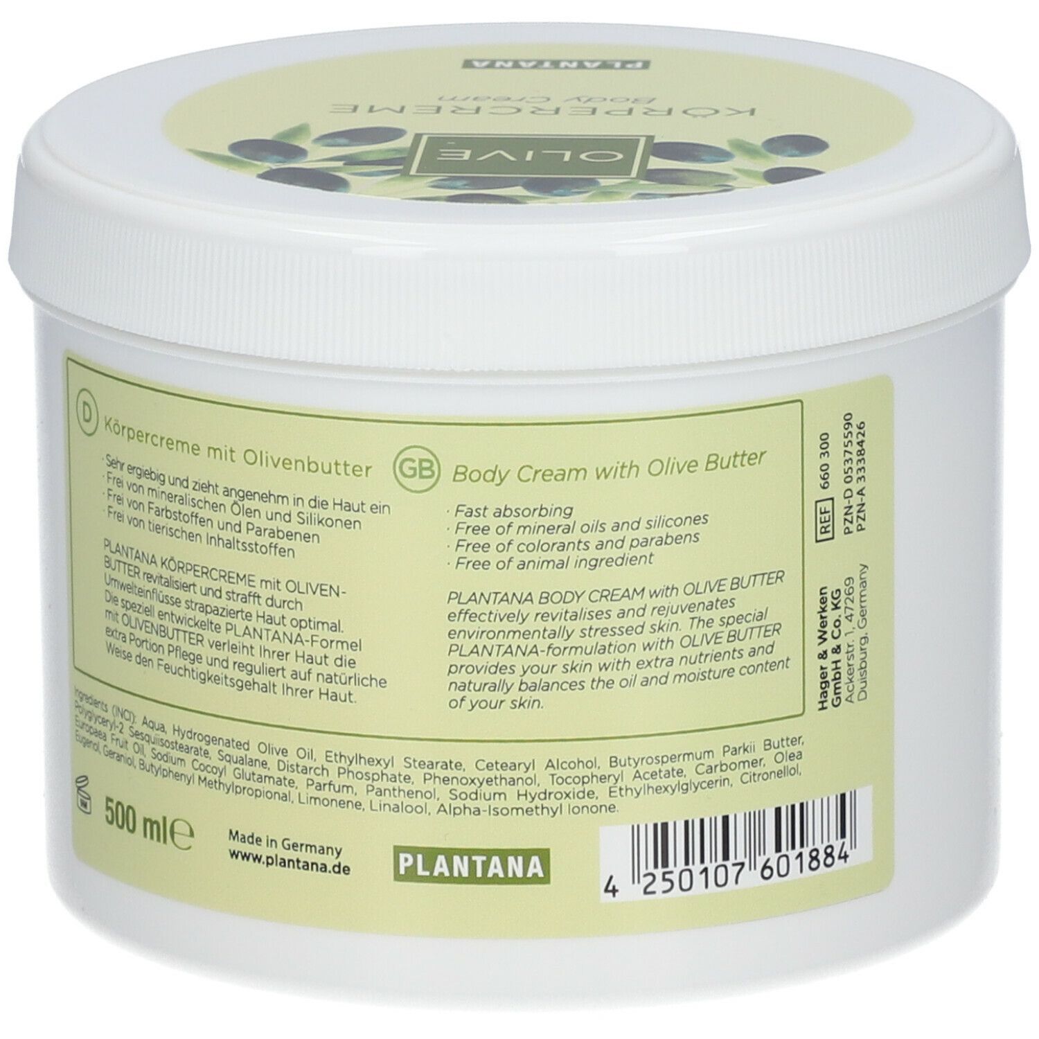 Weißer Tiegel mit Deckel. Aufkleber mit Text: OLIVE Körpercreme, PLANTANA. Rückseite mit Text, Inhaltsstoffen und Barcode.