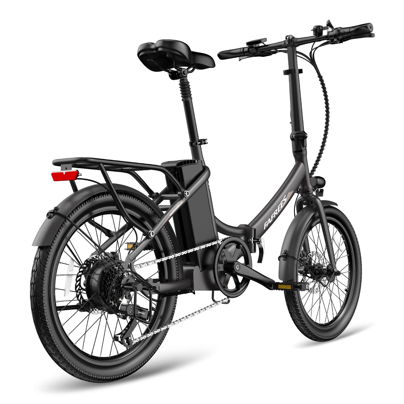 Schwarzes Falt-E-Bike mit Gepäckträger, Rücklicht und Akku. Marke FAFREES.