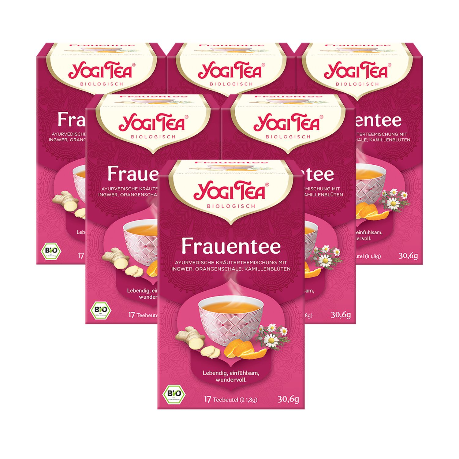 Mehrere Packungen Yogi Tea Frauentee. Aufdruck: Frauentee, ayurvedische Kräuterteemischung mit Ingwer, Orangenschale, Kamillenblüten. Bio-Siegel.