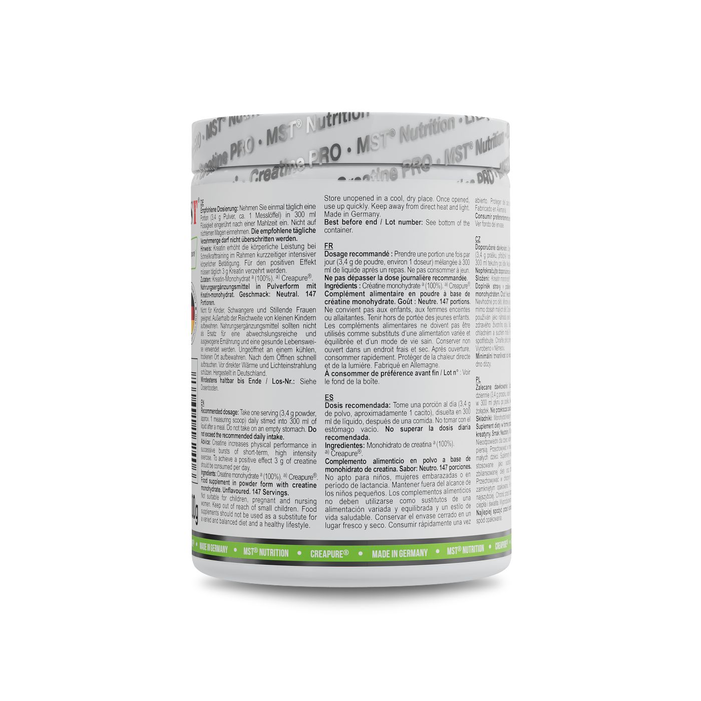 Seitenansicht der Dose MST Creatine Pro mit Hinweisen in mehreren Sprachen.