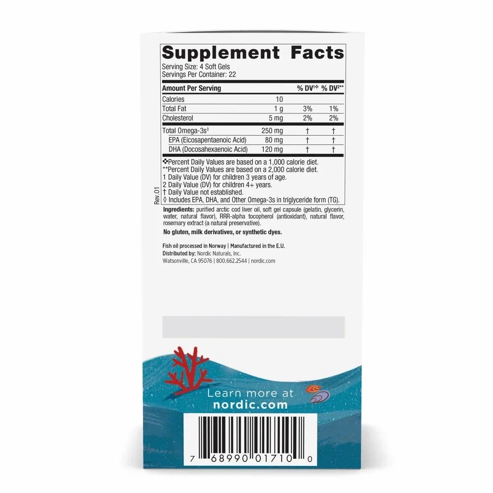 Rückseite der Verpackung von Nordic Naturals Children's DHA. Enthält Nährwertangaben, Zutatenliste und Kontaktinformationen des Herstellers.