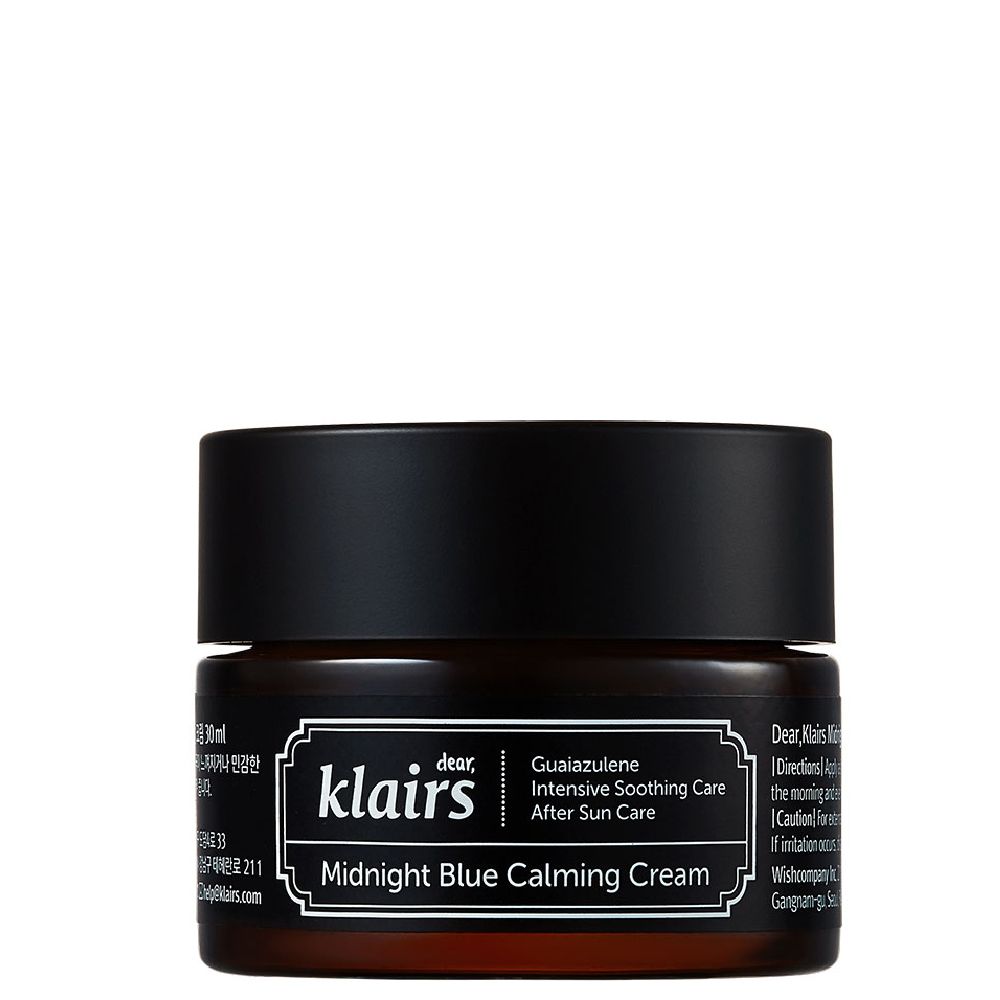 Klairs Midnight Blue Calming Cream Tiegel mit schwarzem Deckel.