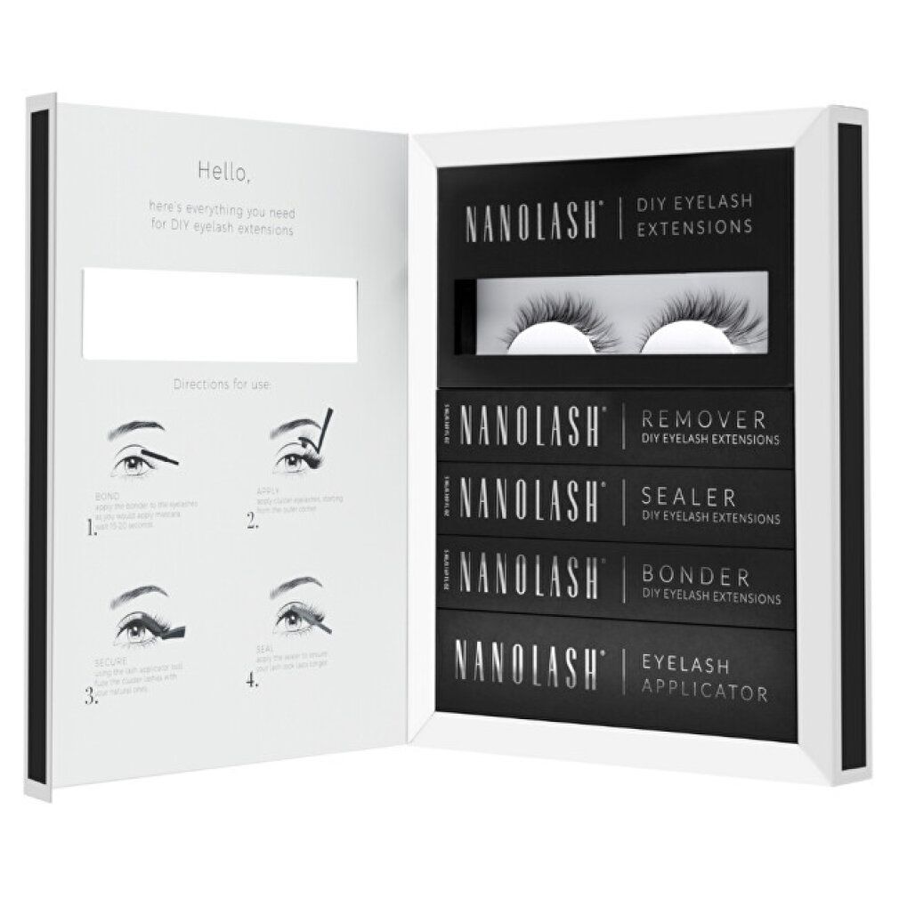 DIY Eyelash Extensions Set mit Wimpern, Remover, Sealer, Bonder und Applikator. Anleitung auf der linken Seite.