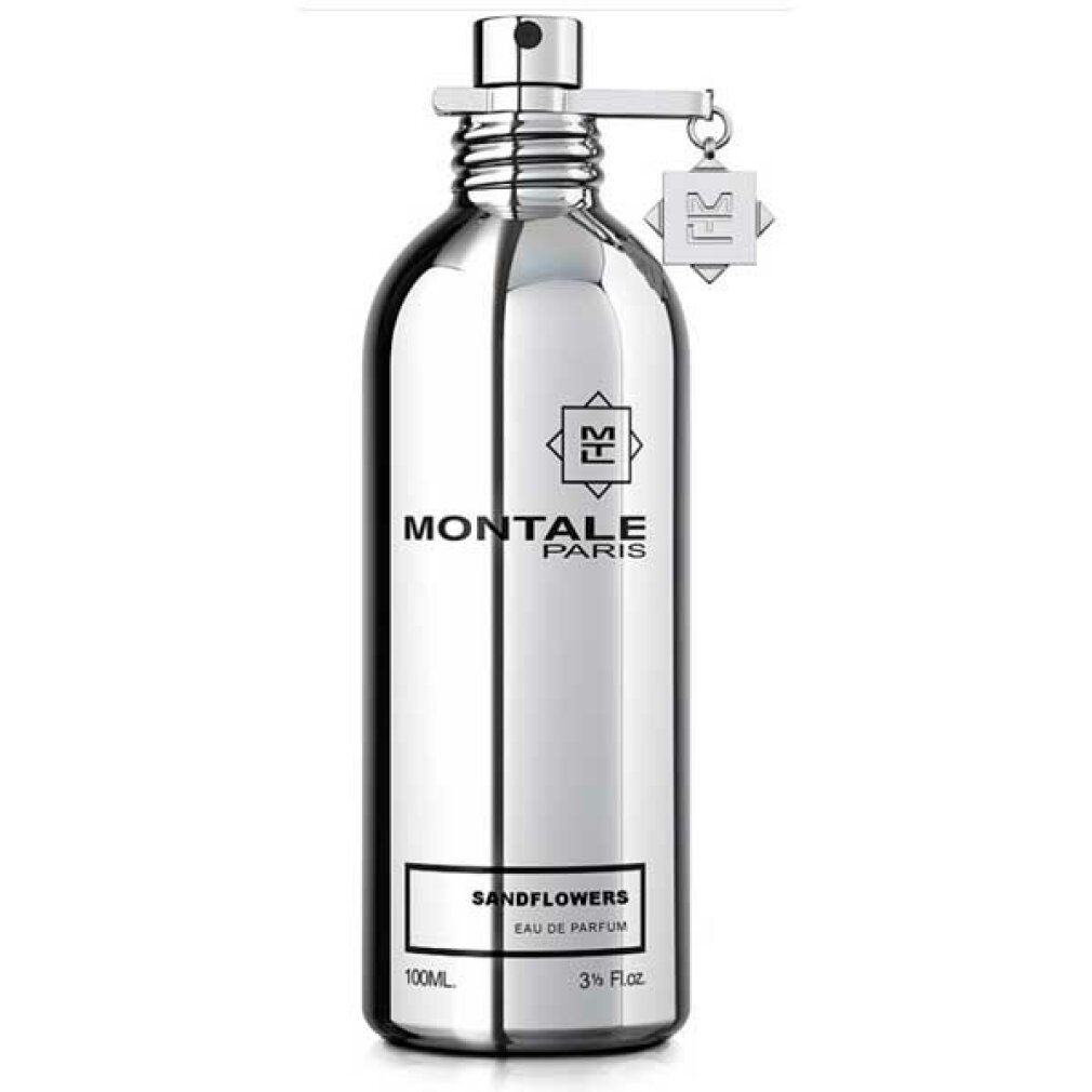 Silberne Flasche mit Sprühkopf und Anhänger. Aufschrift: Montale Paris, Sandflowers Eau de Parfum. 100ml, 3.4 Fl. Oz.