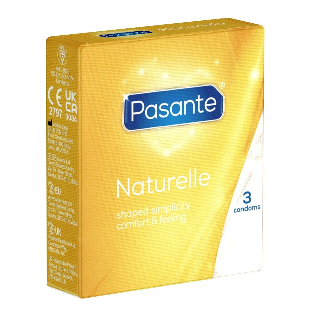 Gelbe Schachtel mit Pasante Naturelle Kondomen. Enthält 3 Kondome. Aufschrift: shaped simplicity comfort & feeling.