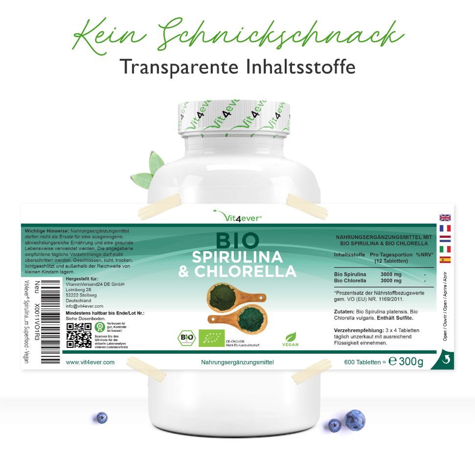 Flasche mit Etikett: Bio Spirulina & Chlorella. Aufkleber mit Inhaltsstoffen und Informationen. 600 Tabletten, 300g.